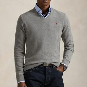 Vintage Polo Ralph Lauren 100% Lambswool V Neck Sweater Men XL Dark Gray Pony